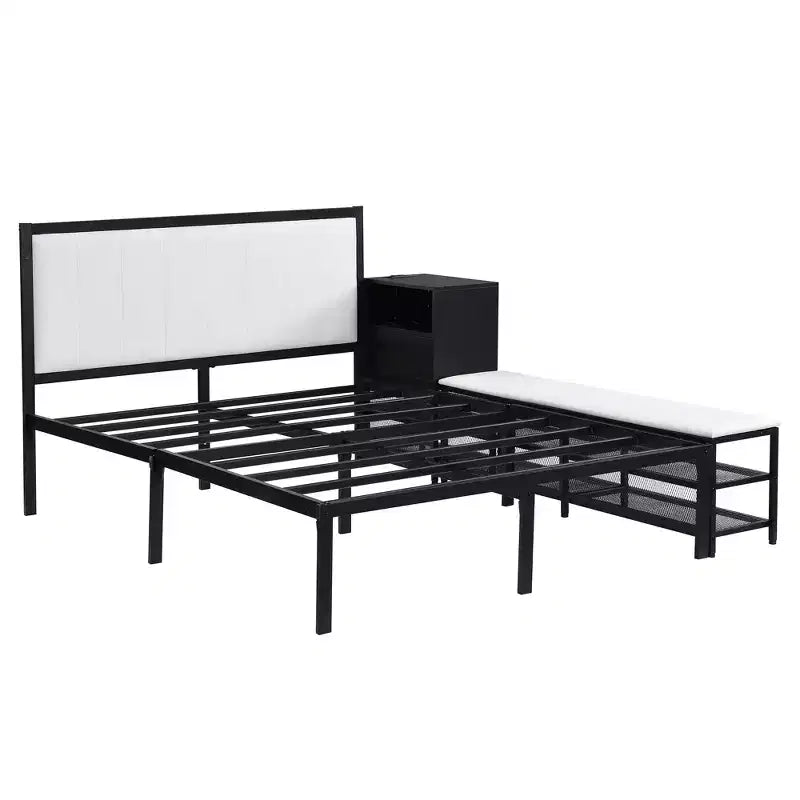 Luxystar Full Size Metal Platform Bed with Upholstered Headboard, 2-Tier Storage Shelves, Wooden Storage Cabinet and USB Charging Ports