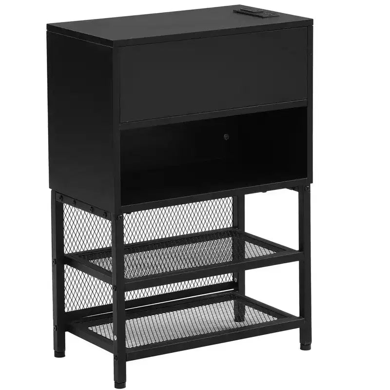 Luxystar Full Size Metal Platform Bed with Upholstered Headboard, 2-Tier Storage Shelves, Wooden Storage Cabinet and USB Charging Ports