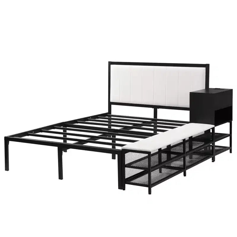 Luxystar Full Size Metal Platform Bed with Upholstered Headboard, 2-Tier Storage Shelves, Wooden Storage Cabinet and USB Charging Ports