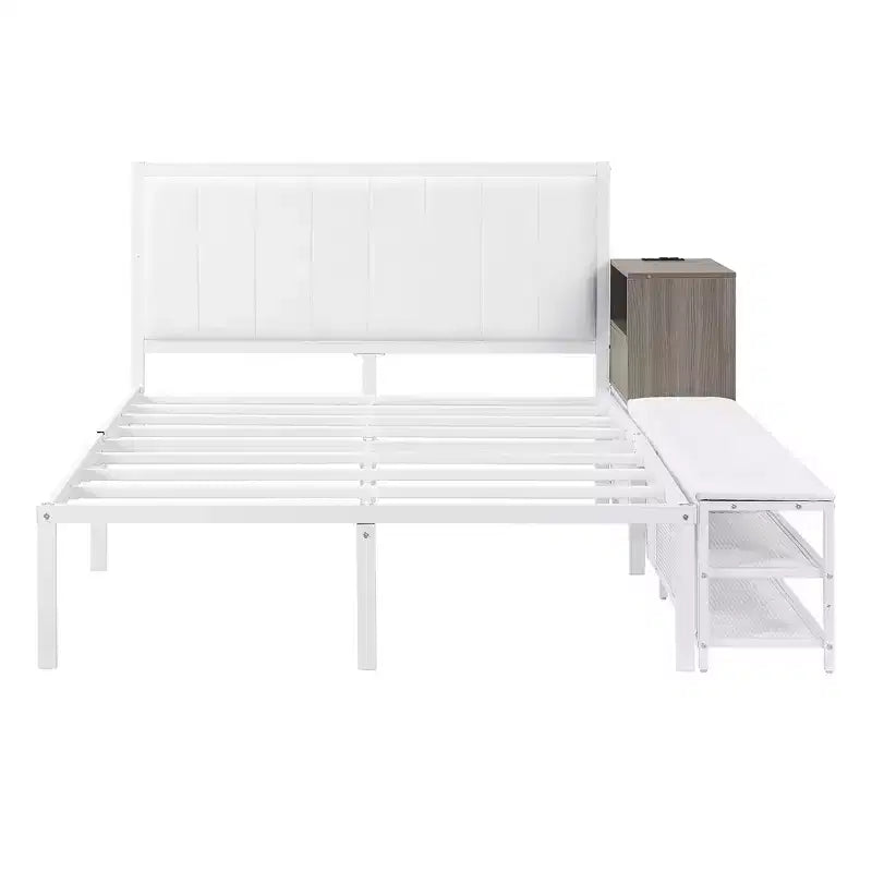 Luxystar Full Size Metal Platform Bed with Upholstered Headboard, 2-Tier Storage Shelves, Wooden Storage Cabinet and USB Charging Ports