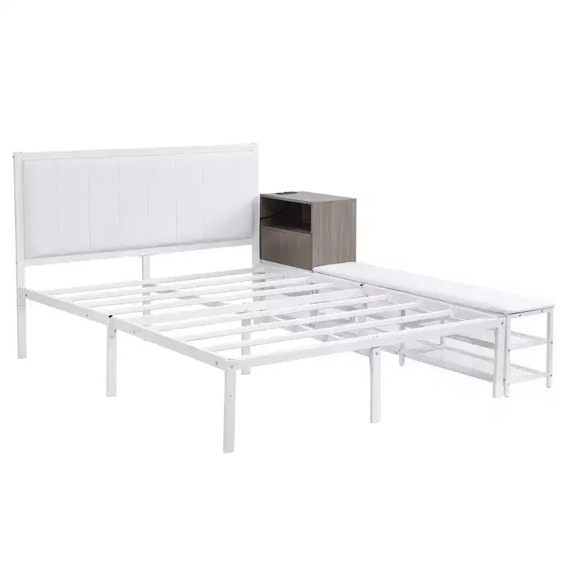 Luxystar Full Size Metal Platform Bed with Upholstered Headboard, 2-Tier Storage Shelves, Wooden Storage Cabinet and USB Charging Ports