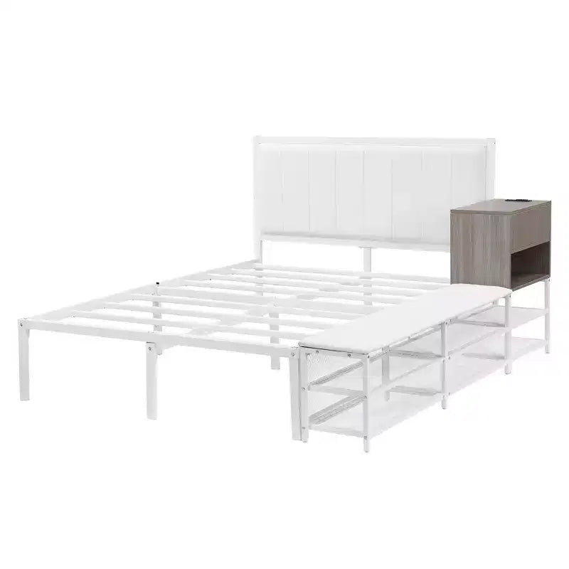 Luxystar Full Size Metal Platform Bed with Upholstered Headboard, 2-Tier Storage Shelves, Wooden Storage Cabinet and USB Charging Ports