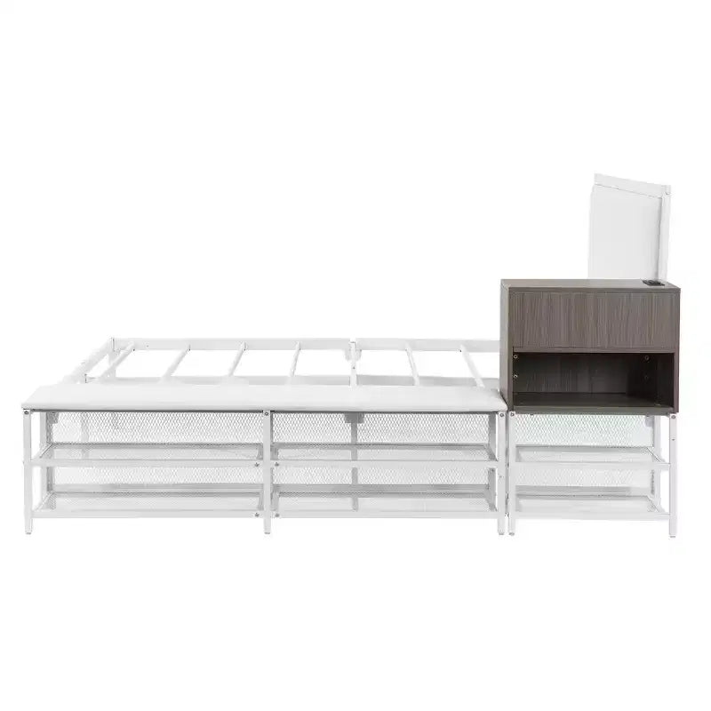Luxystar Full Size Metal Platform Bed with Upholstered Headboard, 2-Tier Storage Shelves, Wooden Storage Cabinet and USB Charging Ports