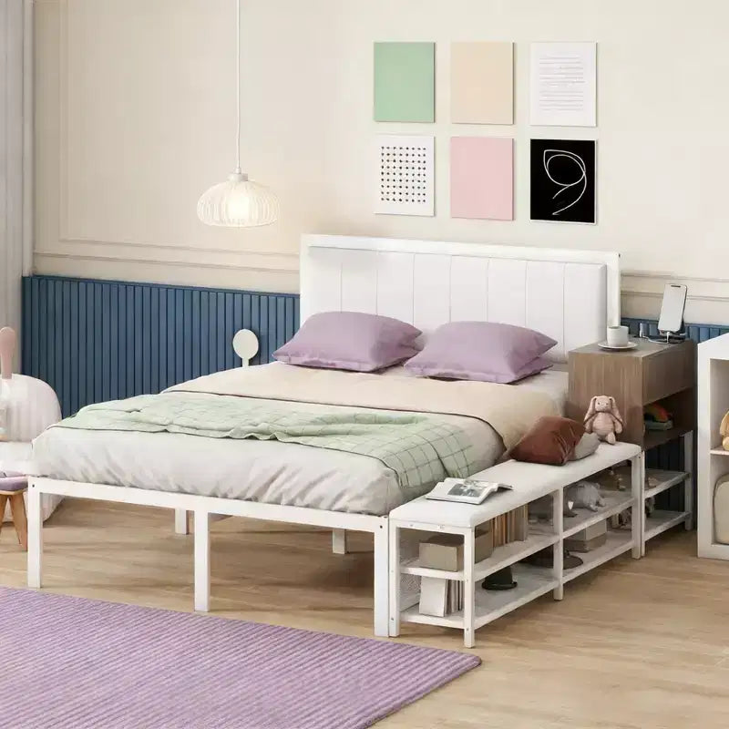Luxystar Full Size Metal Platform Bed with Upholstered Headboard, 2-Tier Storage Shelves, Wooden Storage Cabinet and USB Charging Ports
