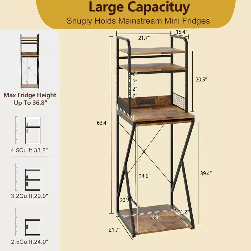 4-Tier Mini Shelf with Power Outlet and Storage  Mini Fridge Stand, Microwave Oven Stand Table, Bar Cabinet, for Kitchen, Living Room, Office
