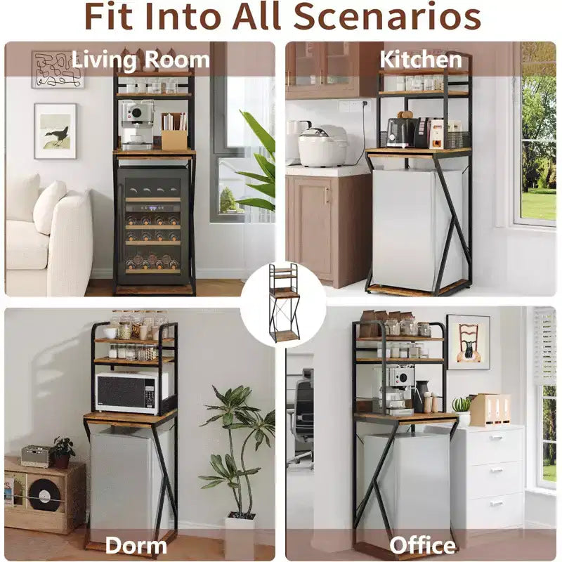 4-Tier Mini Shelf with Power Outlet and Storage  Mini Fridge Stand, Microwave Oven Stand Table, Bar Cabinet, for Kitchen, Living Room, Office