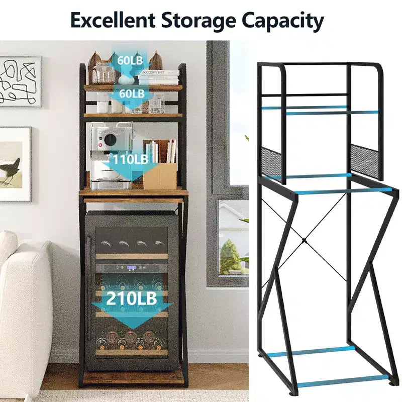 4-Tier Mini Shelf with Power Outlet and Storage  Mini Fridge Stand, Microwave Oven Stand Table, Bar Cabinet, for Kitchen, Living Room, Office