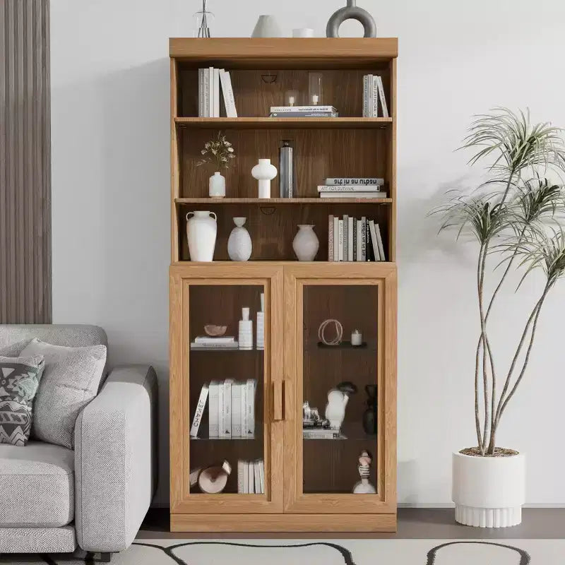 67 Black 6-Tier Display Case Bookshelf with Adjustable Shelves and 2 Glass Doors for Living Room