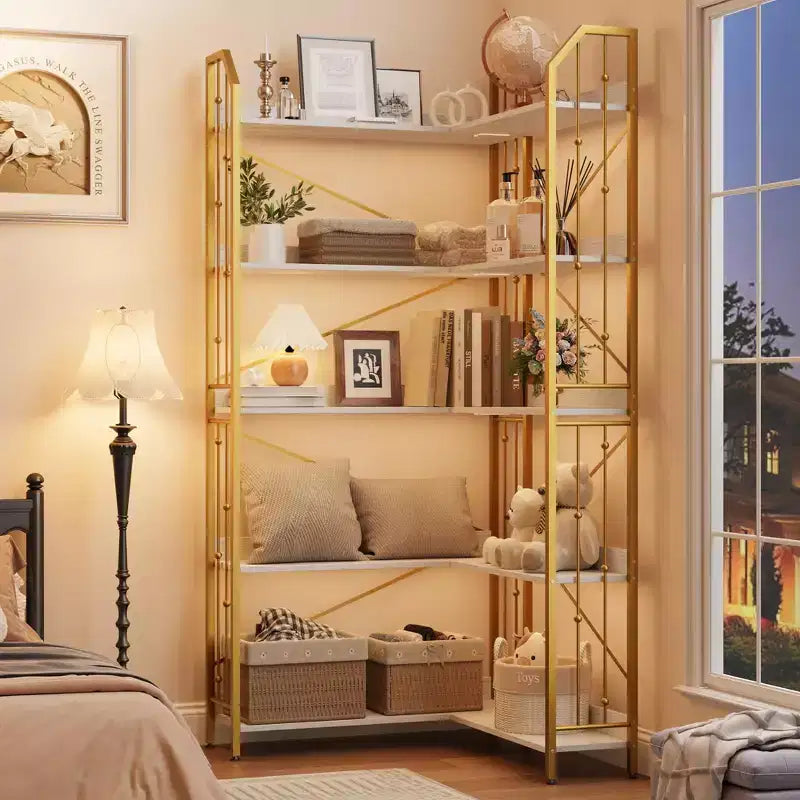Acekool 72 Inch Light Green Five Tier Corner Bookshelf for Living Room and Bedroom Storage