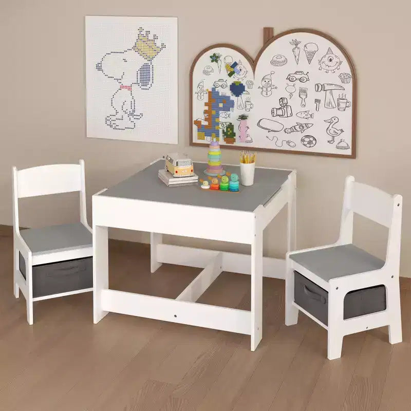 Kids Table and Chair Set, 3 in 1 Wooden Activity Table with Storage Drawer for Toddlers Drawing, Reading, Crafts, 2 in 1 Detachable Tabletop Table Set