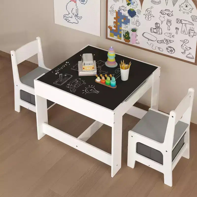 Kids Table and Chair Set, 3 in 1 Wooden Activity Table with Storage Drawer for Toddlers Drawing, Reading, Crafts, 2 in 1 Detachable Tabletop Table Set