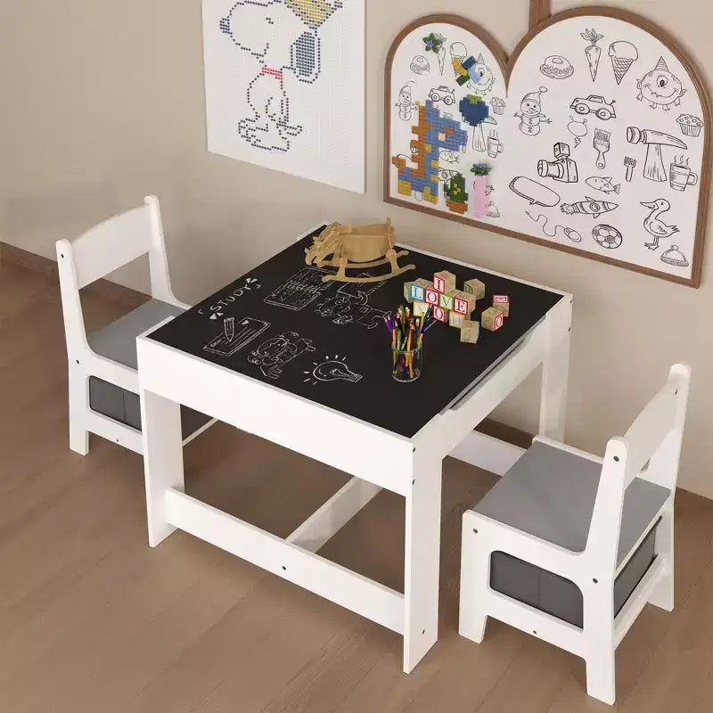 Kids Table and Chair Set, 3 in 1 Wooden Activity Table with Storage Drawer for Toddlers Drawing, Reading, Crafts, 2 in 1 Detachable Tabletop Table Set