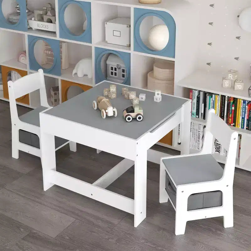 Kids Table and Chair Set, 3 in 1 Wooden Activity Table with Storage Drawer for Toddlers Drawing, Reading, Crafts, 2 in 1 Detachable Tabletop Table Set