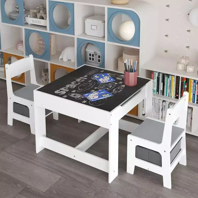 Kids Table and Chair Set, 3 in 1 Wooden Activity Table with Storage Drawer for Toddlers Drawing, Reading, Crafts, 2 in 1 Detachable Tabletop Table Set