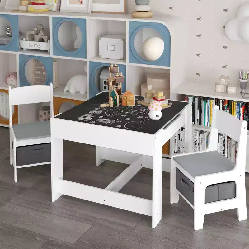 Kids Table and Chair Set, 3 in 1 Wooden Activity Table with Storage Drawer for Toddlers Drawing, Reading, Crafts, 2 in 1 Detachable Tabletop Table Set