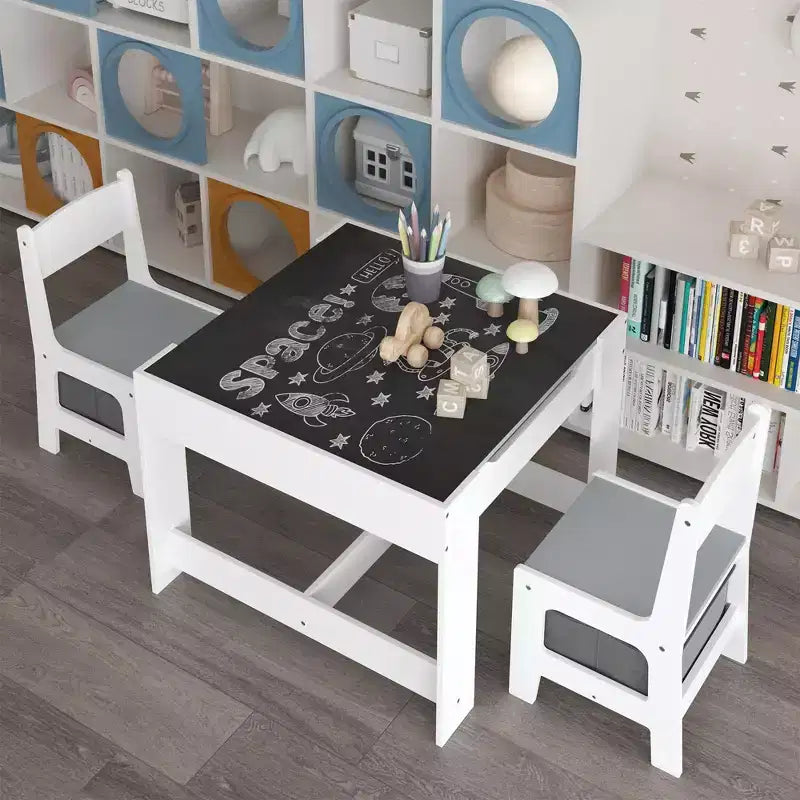 Kids Table and Chair Set, 3 in 1 Wooden Activity Table with Storage Drawer for Toddlers Drawing, Reading, Crafts, 2 in 1 Detachable Tabletop Table Set