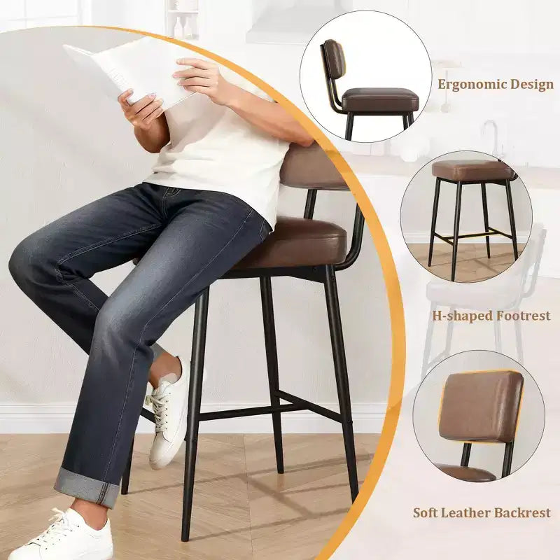 COZONY Counter Height Bar Stools Set of 2, 26 Faux Leather Bar Chairs with Backrest for Kitchen Island and Dining Room