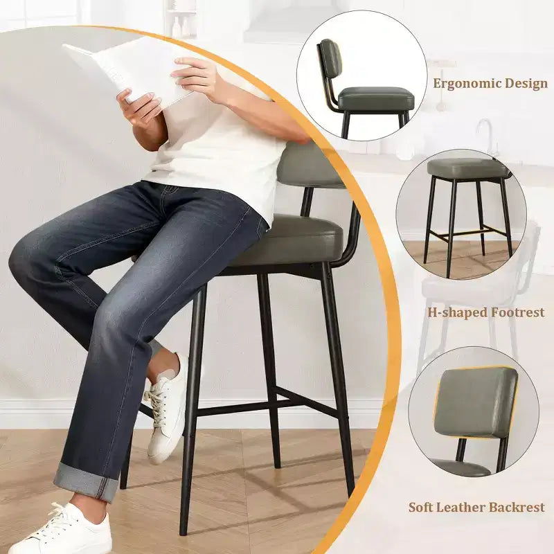 COZONY Counter Height Bar Stools Set of 2, 26 Faux Leather Bar Chairs with Backrest for Kitchen Island and Dining Room