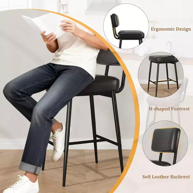 COZONY Counter Height Bar Stools Set of 2, 26 Faux Leather Bar Chairs with Backrest for Kitchen Island and Dining Room