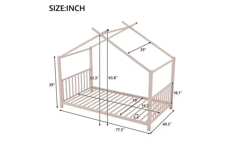 TUYOHW Modern Twin Size Bed Frame, Metal House Platform Bed Frame, Kids Montessori Bed with Headboard, No Box Spring Needed Toddler Bed