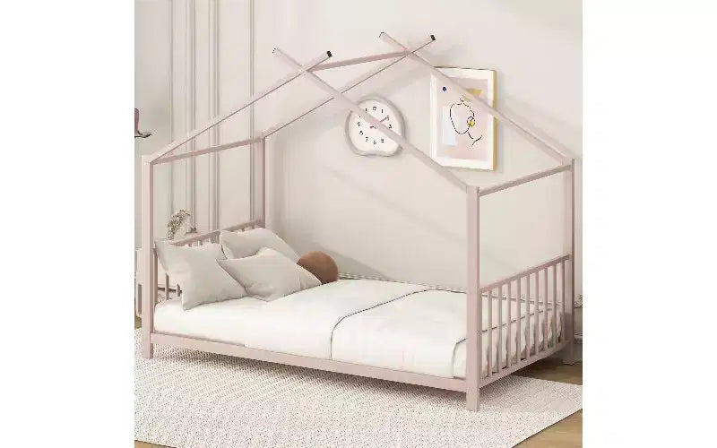 TUYOHW Modern Twin Size Bed Frame, Metal House Platform Bed Frame, Kids Montessori Bed with Headboard, No Box Spring Needed Toddler Bed
