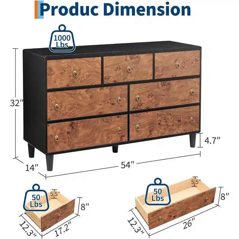 Dresser for Bedroom,54Wide Modern Chest of Drawer with Vintage Circle Handle w/Curved Profile Design,Wood Dresser for Living Room,Entryway