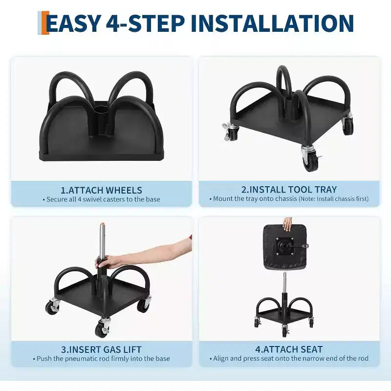 Rolling Garage Stool with Padded Seat, Height Adjustable 15.7-20.5, 300LB Capacity, Utility Tray, Lockable 360 Wheels, Black