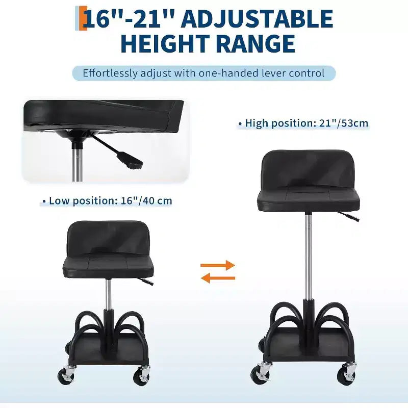 Rolling Garage Stool with Padded Seat, Height Adjustable 15.7-20.5, 300LB Capacity, Utility Tray, Lockable 360 Wheels, Black