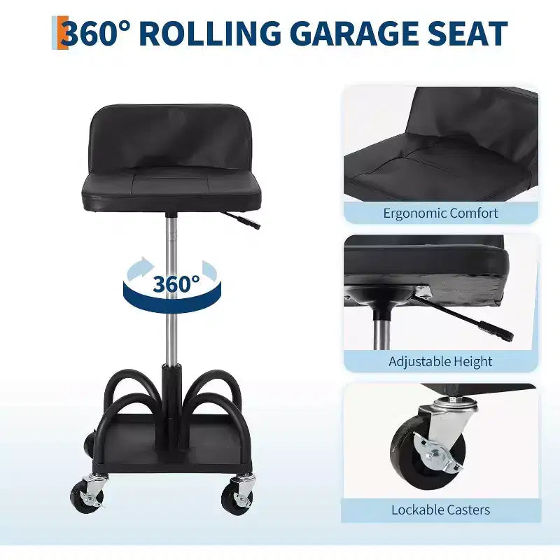 Rolling Garage Stool with Padded Seat, Height Adjustable 15.7-20.5, 300LB Capacity, Utility Tray, Lockable 360 Wheels, Black