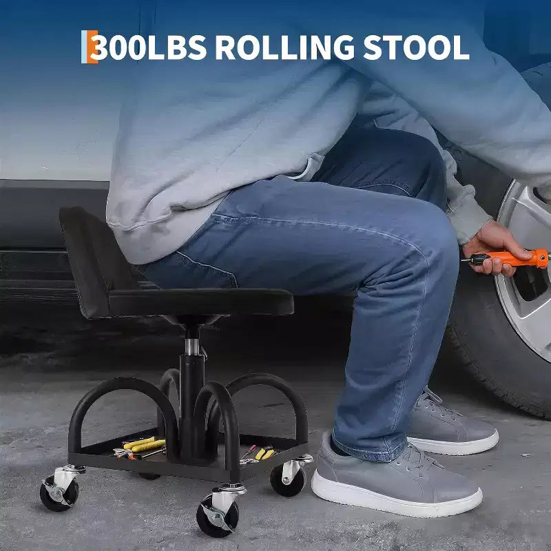 Rolling Garage Stool with Padded Seat, Height Adjustable 15.7-20.5, 300LB Capacity, Utility Tray, Lockable 360 Wheels, Black
