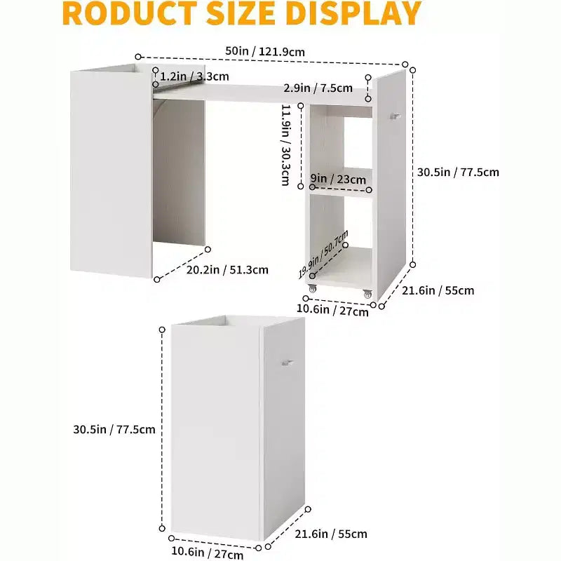 50 Folding Table with Storage Cabinet & Wheels, Extendable Drop Leaf Desk for Kitchen, Home Office and Bedroom