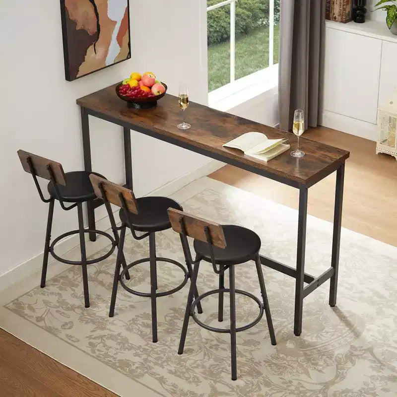 JVNOXK 63-inch Long Bar Table and Chair Set, Includes 3 PU Padded Bar Stools, Industrial Style, Suitable for Living Rooms ,Dark Brown