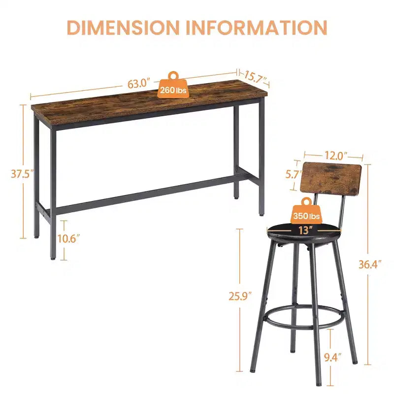 JVNOXK 63-inch Long Bar Table and Chair Set, Includes 3 PU Padded Bar Stools, Industrial Style, Suitable for Living Rooms ,Dark Brown