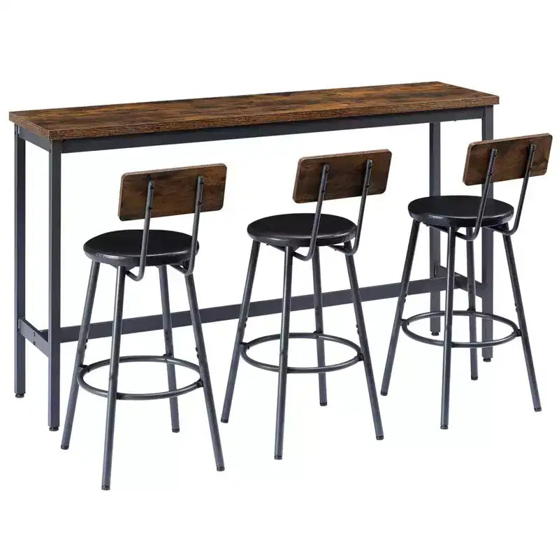 JVNOXK 63-inch Long Bar Table and Chair Set, Includes 3 PU Padded Bar Stools, Industrial Style, Suitable for Living Rooms ,Dark Brown