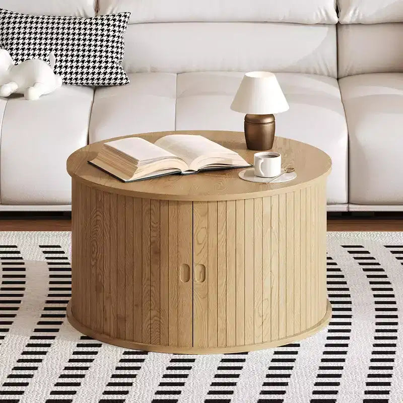 28 Round Coffee Table with Storage, Mid Century Modern Fluted Accent Table with Sliding Tambour Door for Living Room