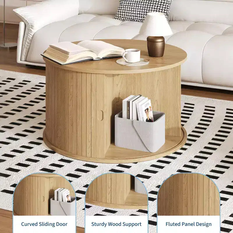 28 Round Coffee Table with Storage, Mid Century Modern Fluted Accent Table with Sliding Tambour Door for Living Room