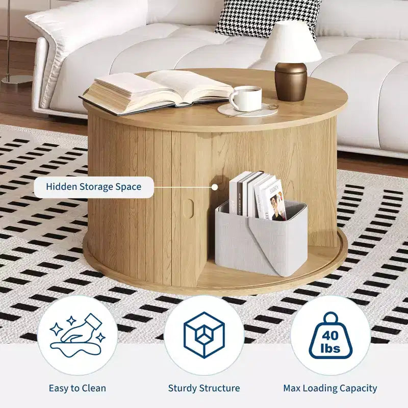 28 Round Coffee Table with Storage, Mid Century Modern Fluted Accent Table with Sliding Tambour Door for Living Room