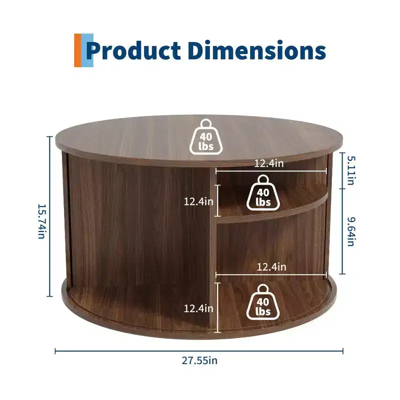 28 Round Coffee Table with Storage, Mid Century Modern Fluted Accent Table with Sliding Tambour Door for Living Room