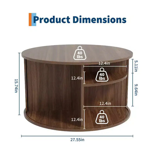 Table basse ronde de 28 pouces avec rangement, table d'appoint cannelée moderne du milieu du siècle avec porte à tambour coulissante pour le salon