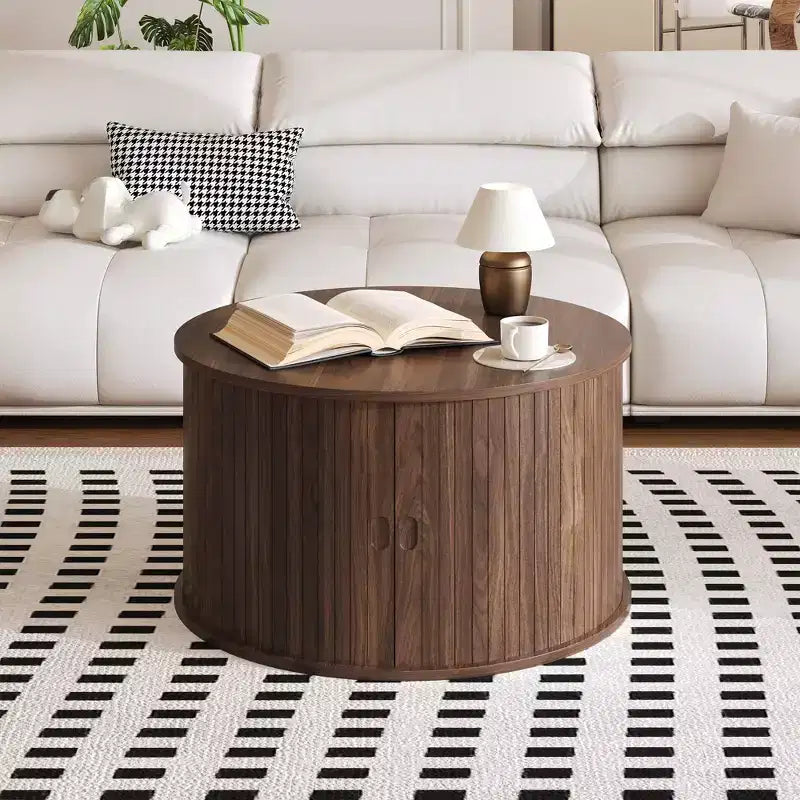 28 Round Coffee Table with Storage, Mid Century Modern Fluted Accent Table with Sliding Tambour Door for Living Room