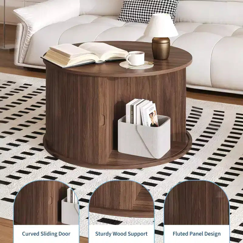 28 Round Coffee Table with Storage, Mid Century Modern Fluted Accent Table with Sliding Tambour Door for Living Room