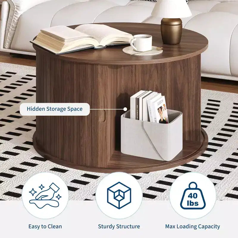 28 Round Coffee Table with Storage, Mid Century Modern Fluted Accent Table with Sliding Tambour Door for Living Room