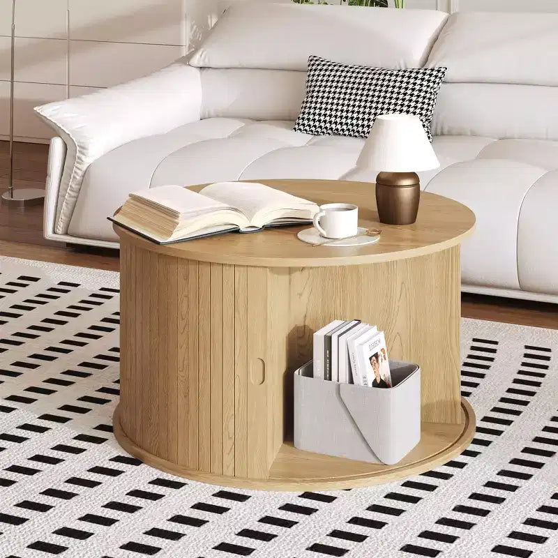 28 Round Coffee Table with Storage, Mid Century Modern Fluted Accent Table with Sliding Tambour Door for Living Room