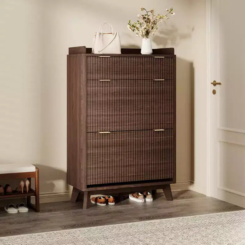 Fluted Shoe Storage Cabinet With 2 Flip Drawers, 48H Freestanding Hidden Shoe Organizer, Narrow Shoe Rack Cabinet For Hallway Living Room