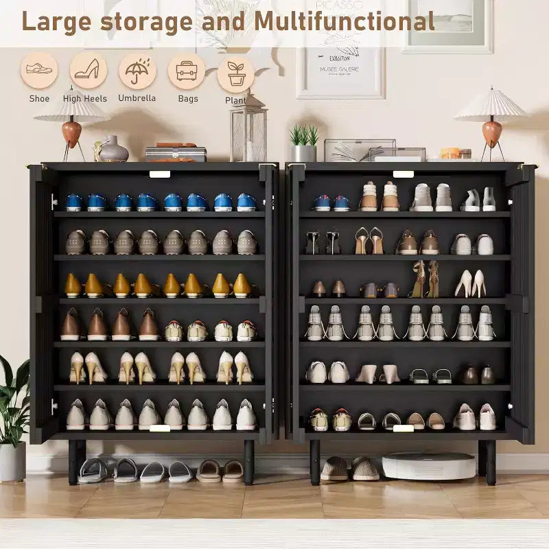 COZONY Narrow Shoe Cabinet with Breathable Louver Doors, 6 Tier Modern Hidden Shoe Rack, Freestanding Entryway Cabinet for Closet & Hallway, Black