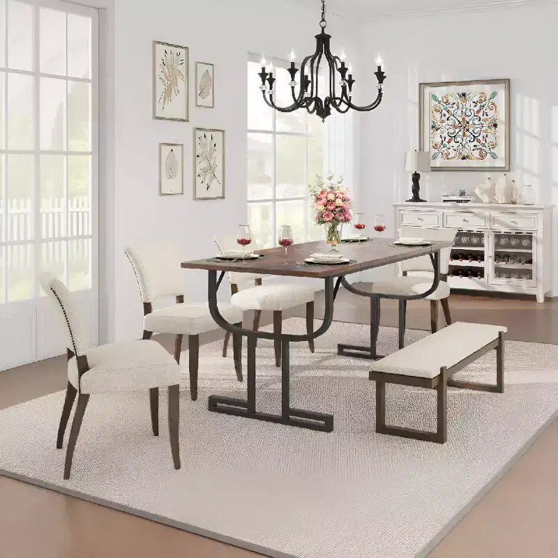 70.9 Inch Dining Table, Heavy Metal Support Legs, Wine Glass Leg Type Kitchen Table, Wear-Resistant Thickened Wooden Table Top for Dining Room