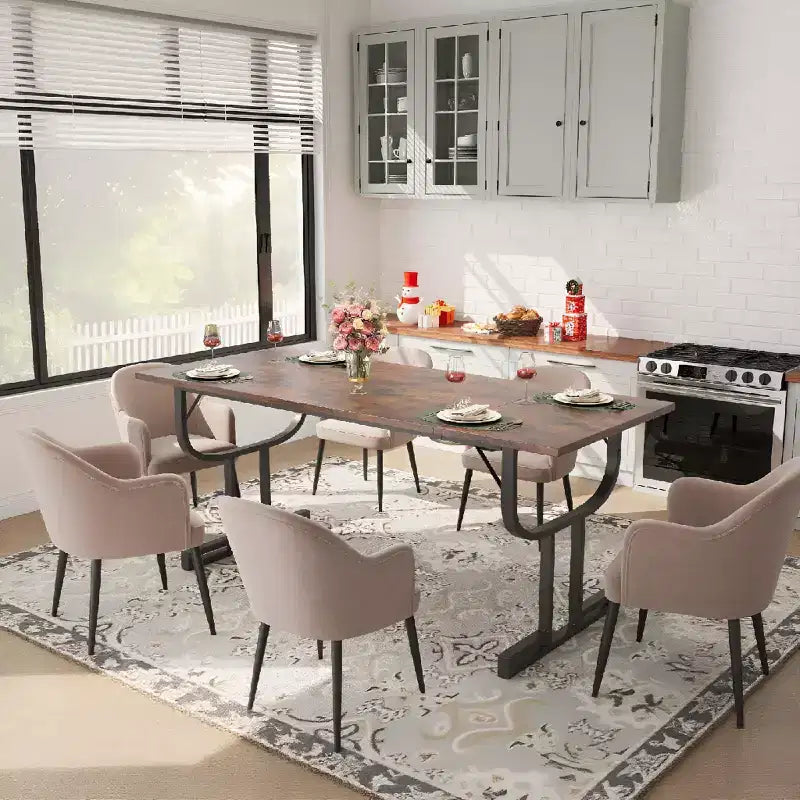 70.9 Inch Dining Table, Heavy Metal Support Legs, Wine Glass Leg Type Kitchen Table, Wear-Resistant Thickened Wooden Table Top for Dining Room