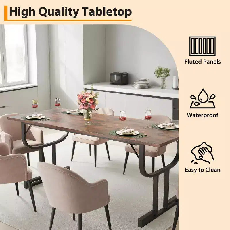 70.9 Inch Dining Table, Heavy Metal Support Legs, Wine Glass Leg Type Kitchen Table, Wear-Resistant Thickened Wooden Table Top for Dining Room