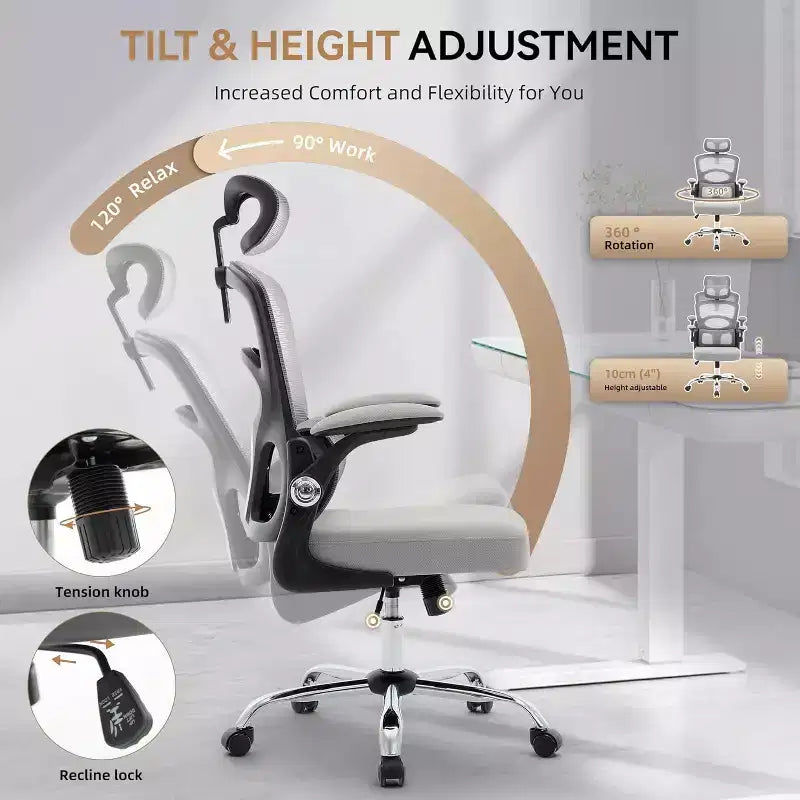 COZONY Sedia da scrivania ergonomica - Sedia da ufficio in rete per la casa con ruote, Sedia da gaming per computer con schienale alto e poggiatesta regolabile per casa, ufficio, grigio