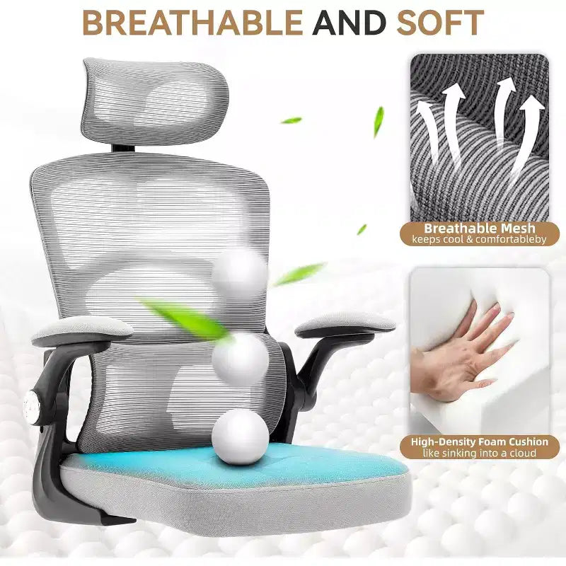 COZONY Sedia da scrivania ergonomica - Sedia da ufficio in rete per la casa con ruote, Sedia da gaming per computer con schienale alto e poggiatesta regolabile per casa, ufficio, grigio